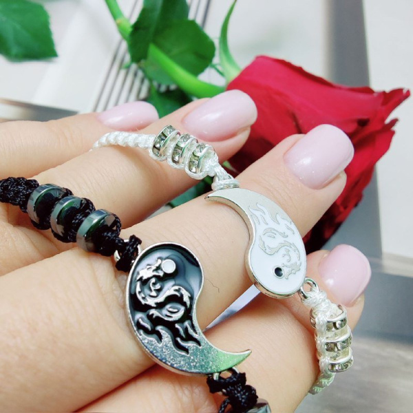 Парные браслеты ИНЬ ЯН с драконом / двойной браслет / черный и белый